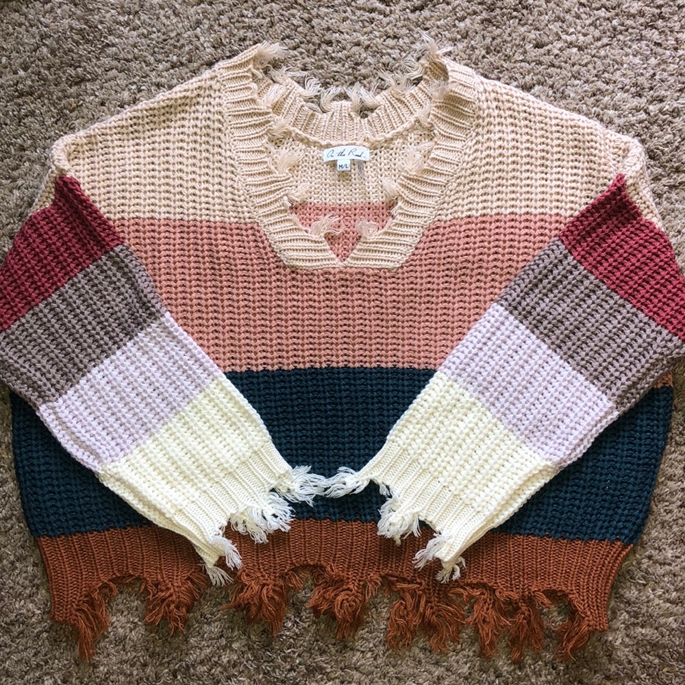 Color Block Oversized Fringe Sweater